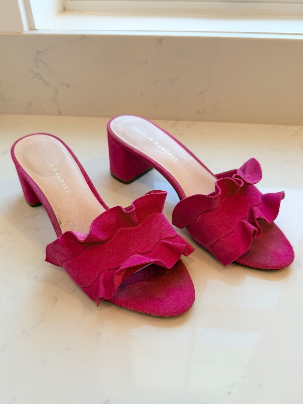 Loeffler Randall Ruffle Slide Sandals Mules Hot Pink Fuchsia Suede Size 7 - Picture 2 of 8